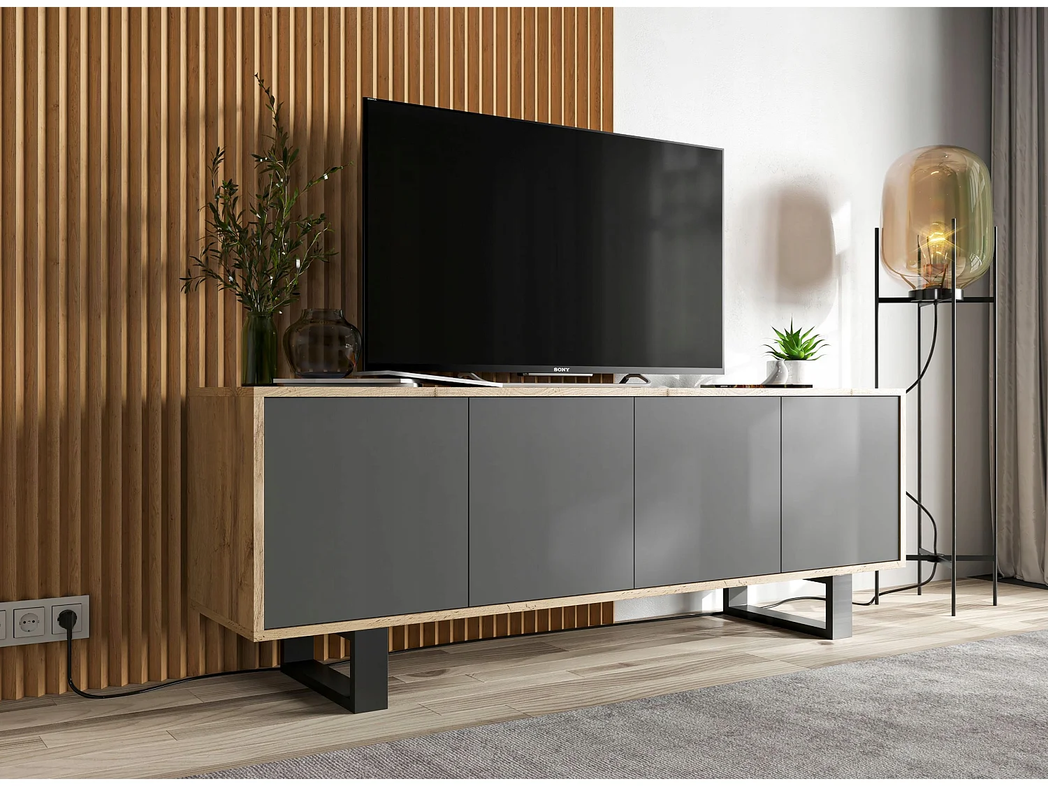 Meuble TV avec 4 portes - carcasse chêne wotan façades graphite mat - 150 cm, pieds en métal