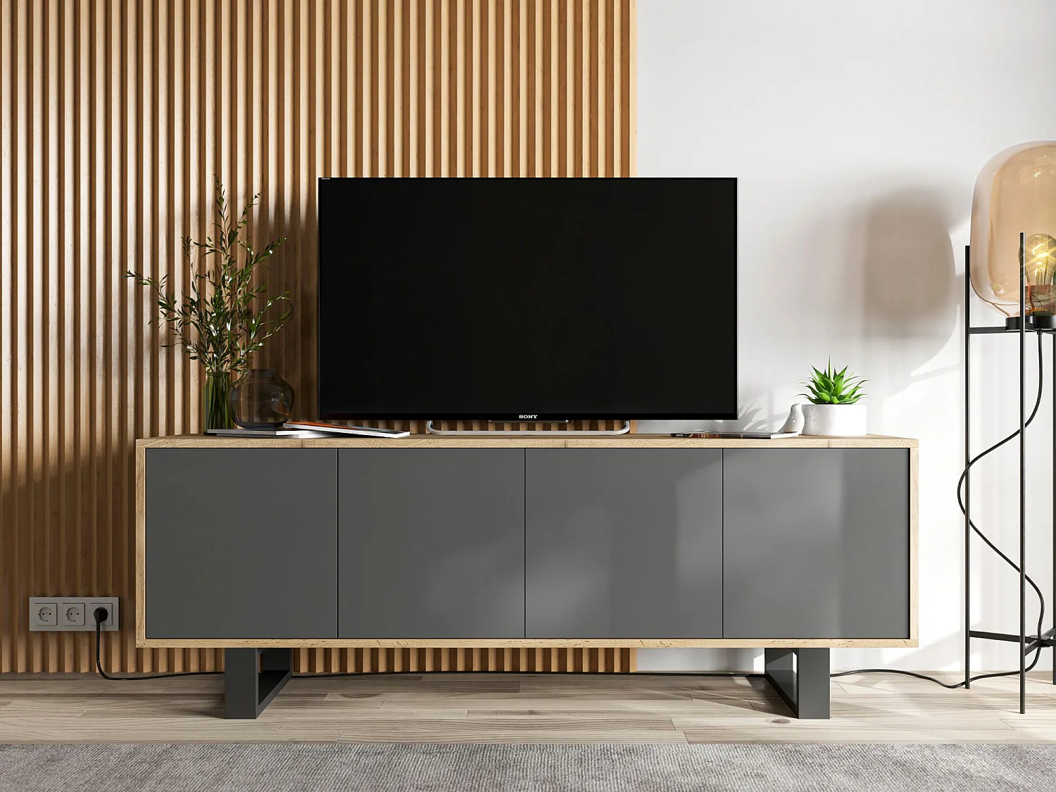 Meuble TV avec 4 portes - carcasse chêne wotan façades graphite mat - 150 cm, pieds en métal