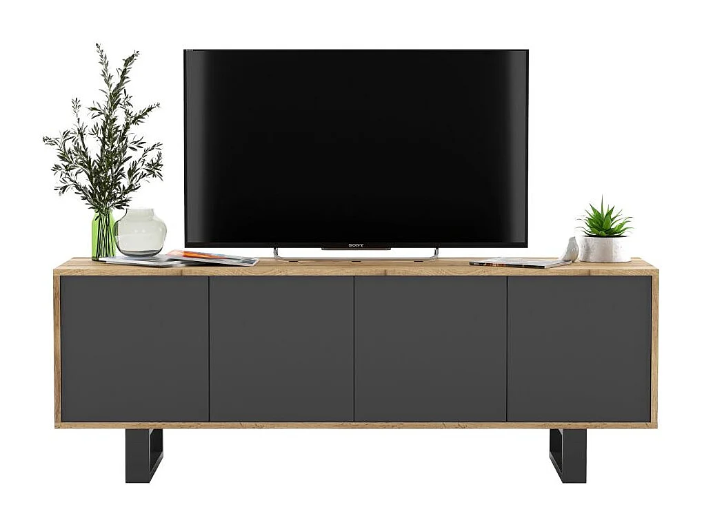 TV-Lowboard mit 4 Türen – Korpus Eiche Wotan, Fronten Graphit matt – 150 cm, Metallfüße