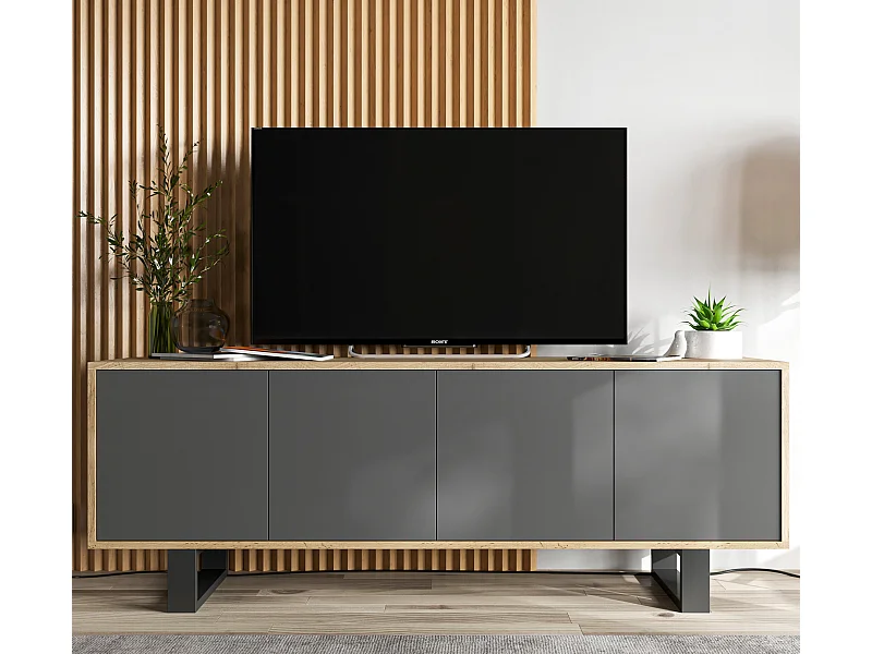 Meuble TV avec 4 portes - carcasse chêne wotan façades graphite mat - 150 cm, pieds en métal