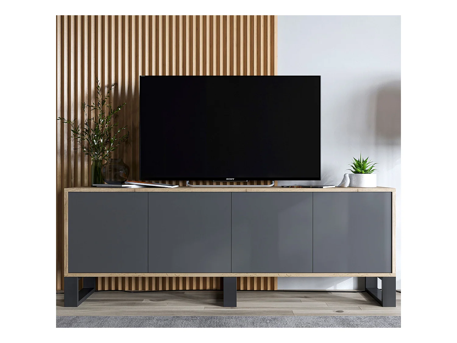 Meuble TV avec 4 portes - carcasse chêne wotan façades graphite mat - 150 cm, pieds en métal