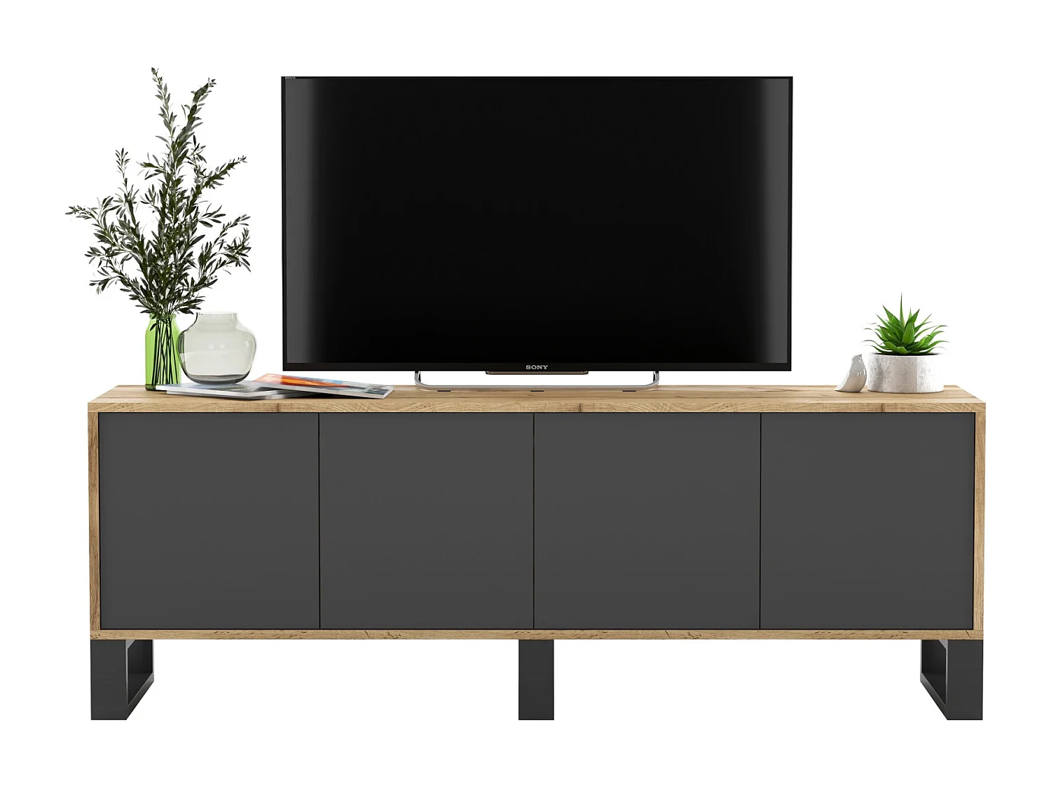 Meuble TV avec 4 portes - carcasse chêne wotan façades graphite mat - 150 cm, pieds en métal