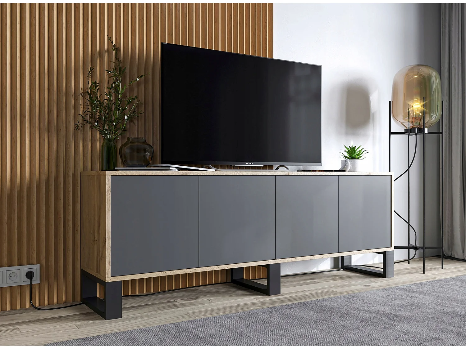 Meuble TV avec 4 portes - carcasse chêne wotan façades graphite mat - 150 cm, pieds en métal