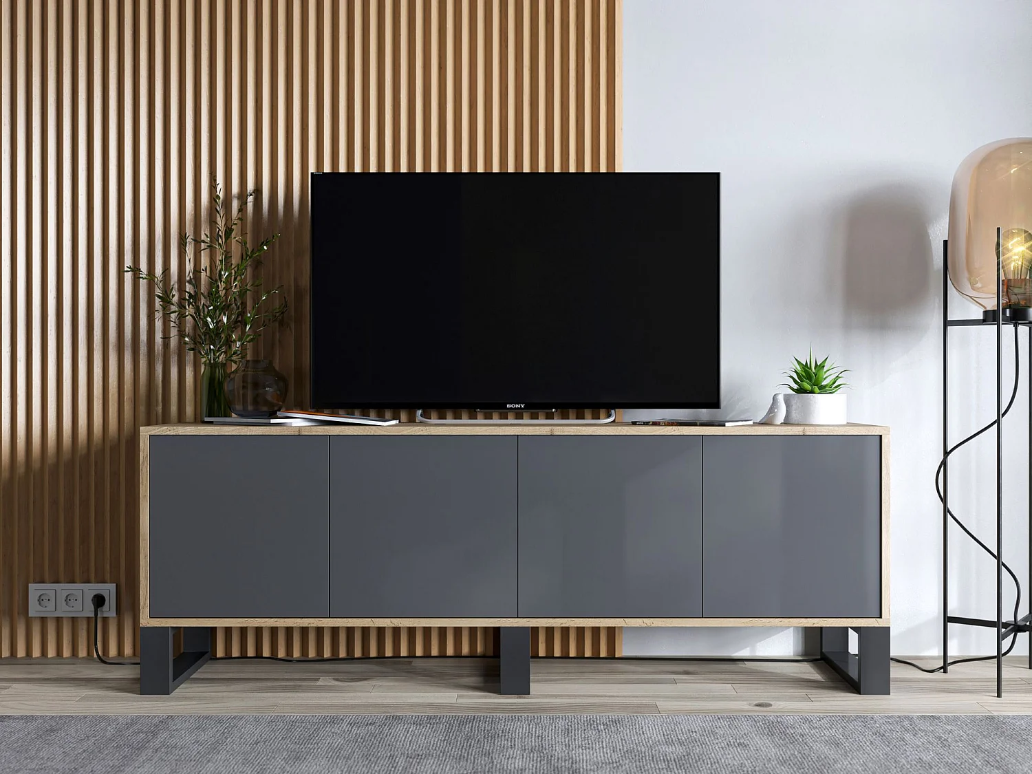 Meuble TV avec 4 portes - carcasse chêne wotan façades graphite mat - 150 cm, pieds en métal