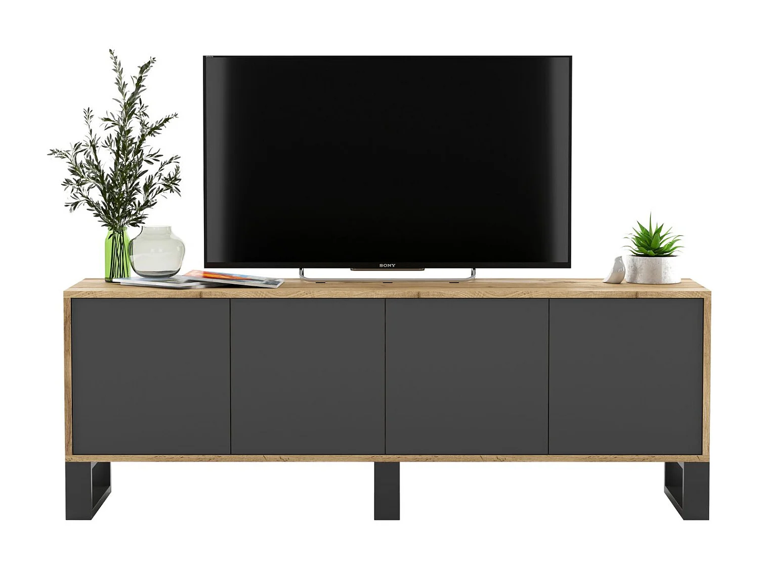 Tv-meubel met 4 deuren - kast eiken wotan fronten mat grafiet - 150 cm, metalen poten
