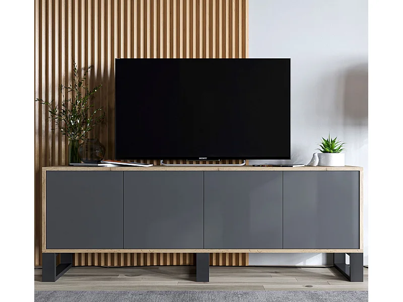 Meuble TV avec 4 portes - carcasse chêne wotan façades graphite mat - 150 cm, pieds en métal