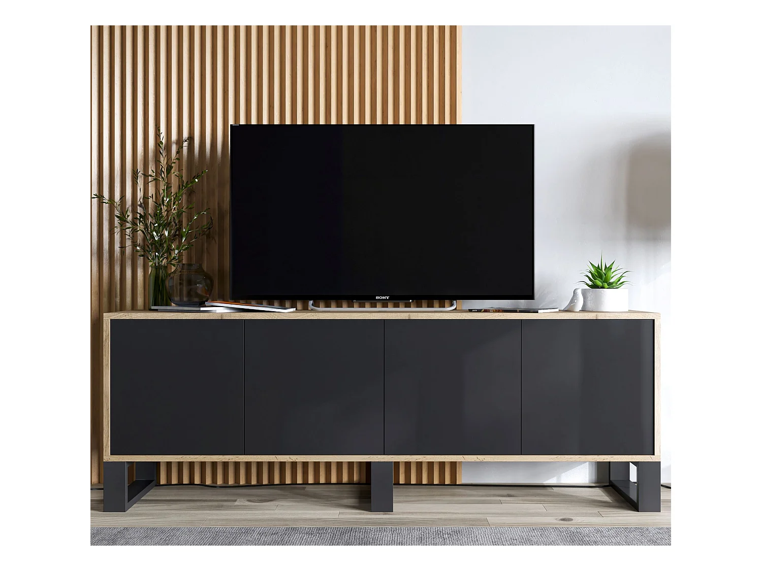 Meuble TV avec 4 portes - carcasse chêne wotan façades noir mat - 150 cm, pieds en métal