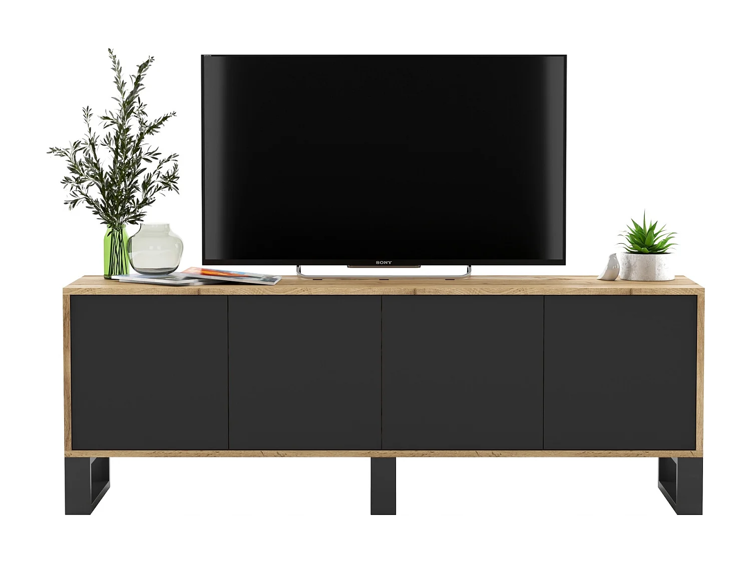 Meuble TV avec 4 portes - carcasse chêne wotan façades noir mat - 150 cm, pieds en métal