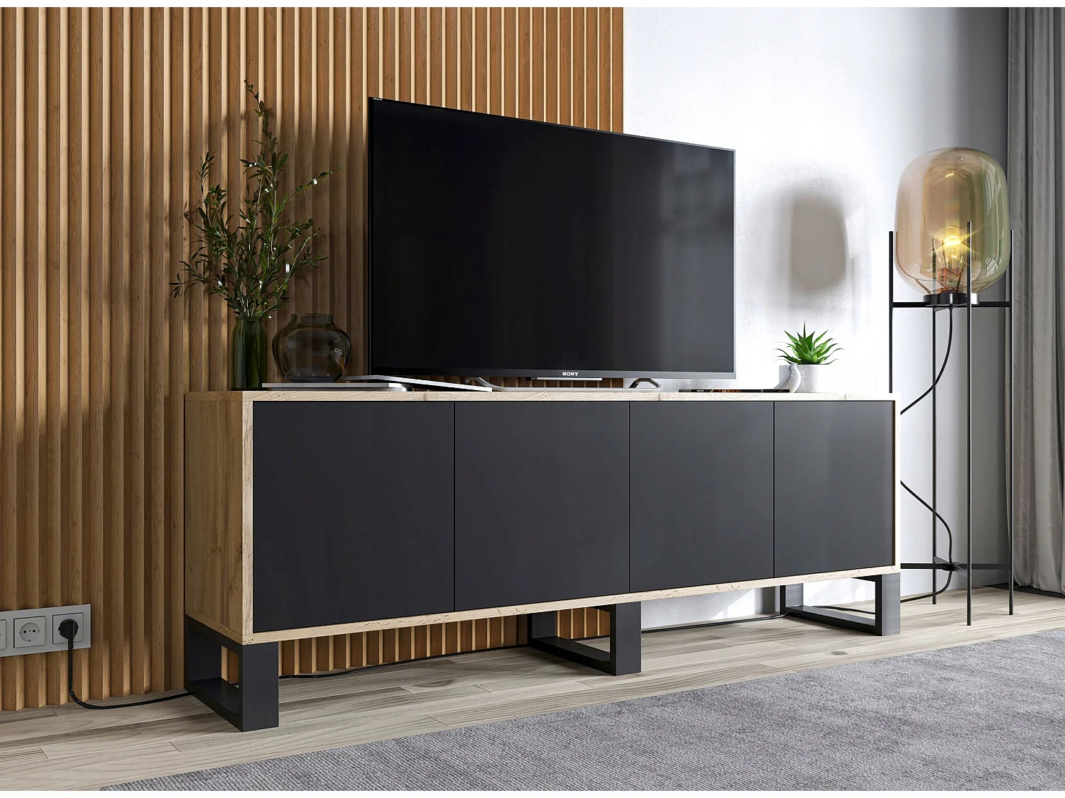 Meuble TV avec 4 portes - carcasse chêne wotan façades noir mat - 150 cm, pieds en métal