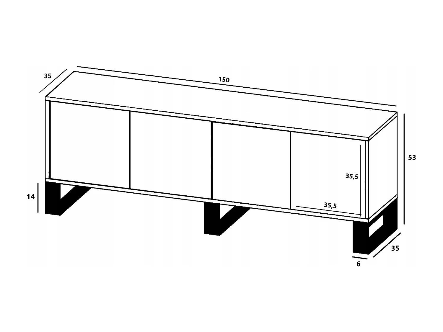 Meuble TV avec 4 portes - carcasse chêne wotan façades noir mat - 150 cm, pieds en métal
