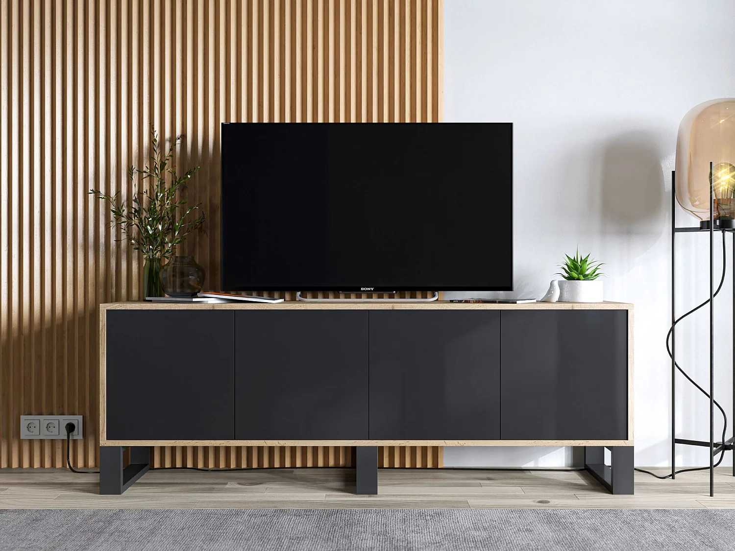 Meuble TV avec 4 portes - carcasse chêne wotan façades noir mat - 150 cm, pieds en métal