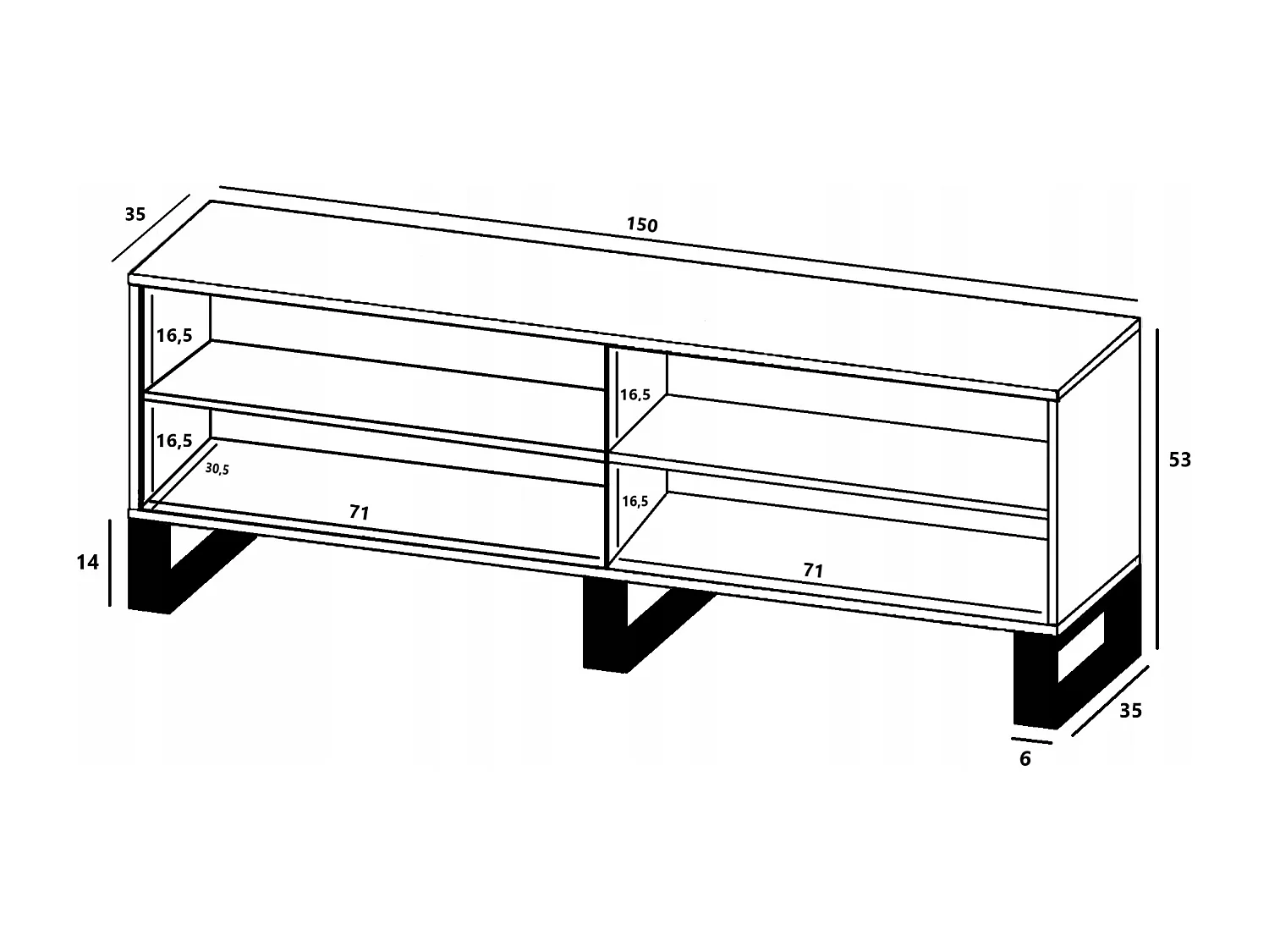 Meuble TV avec 4 portes - carcasse chêne wotan façades noir mat - 150 cm, pieds en métal
