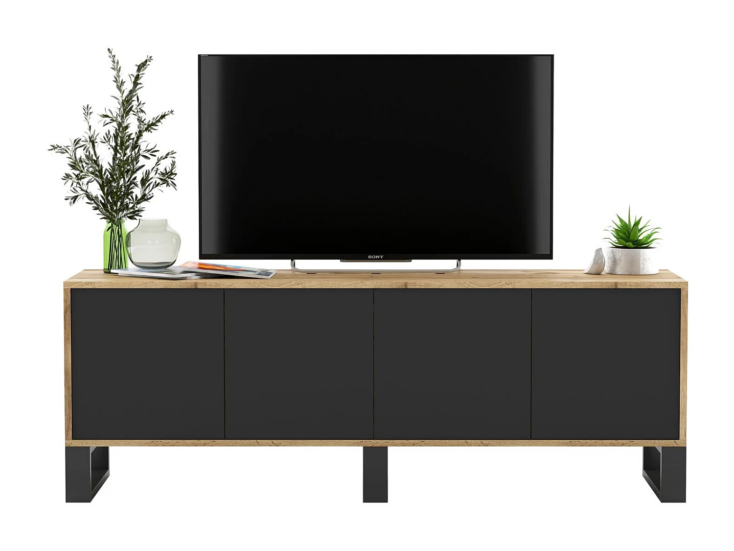 Tv-meubel met 4 deuren - kast eiken wotan fronten mat zwart - 150 cm, metalen poten