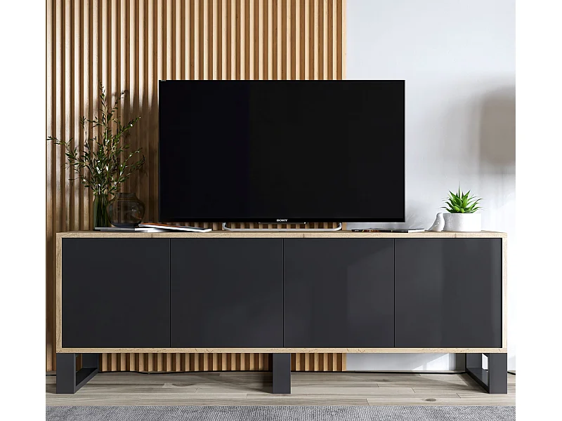 Meuble TV avec 4 portes - carcasse chêne wotan façades noir mat - 150 cm, pieds en métal