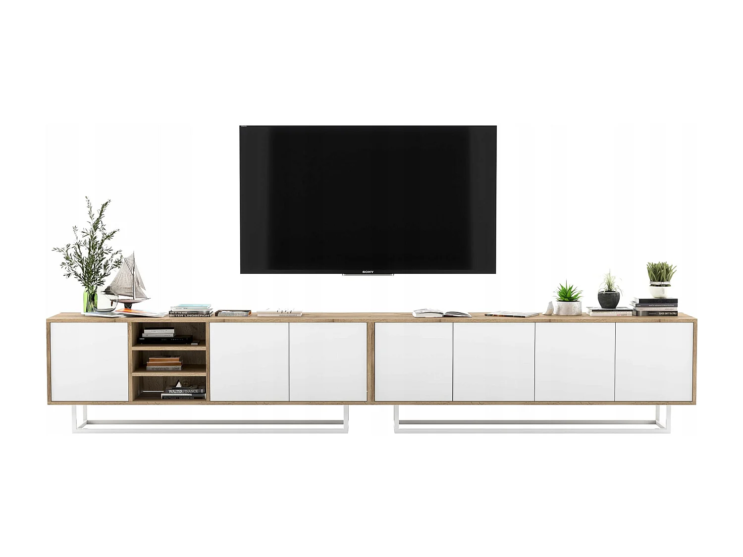 Meuble TV avec 7 portes et 1 niches - carcasse chêne wotan façades blanc mat - 300 cm, cadre métallique