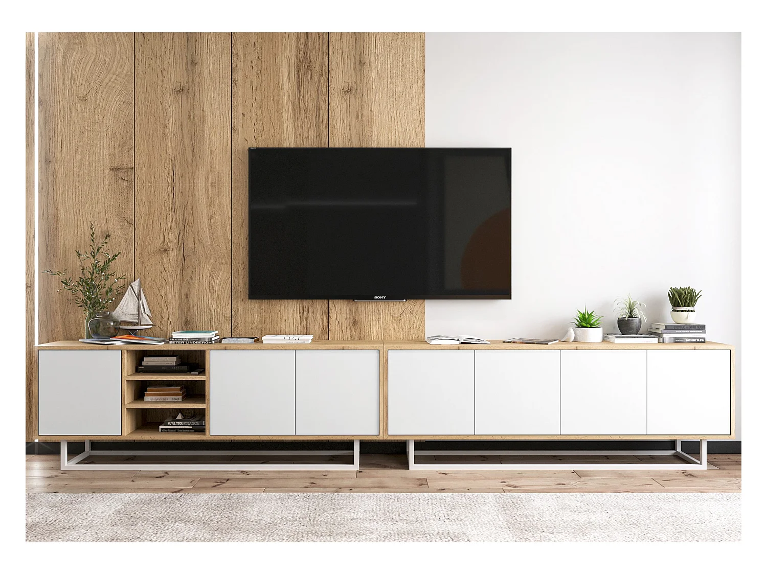 Meuble TV avec 7 portes et 1 niches - carcasse chêne wotan façades blanc mat - 300 cm, cadre métallique