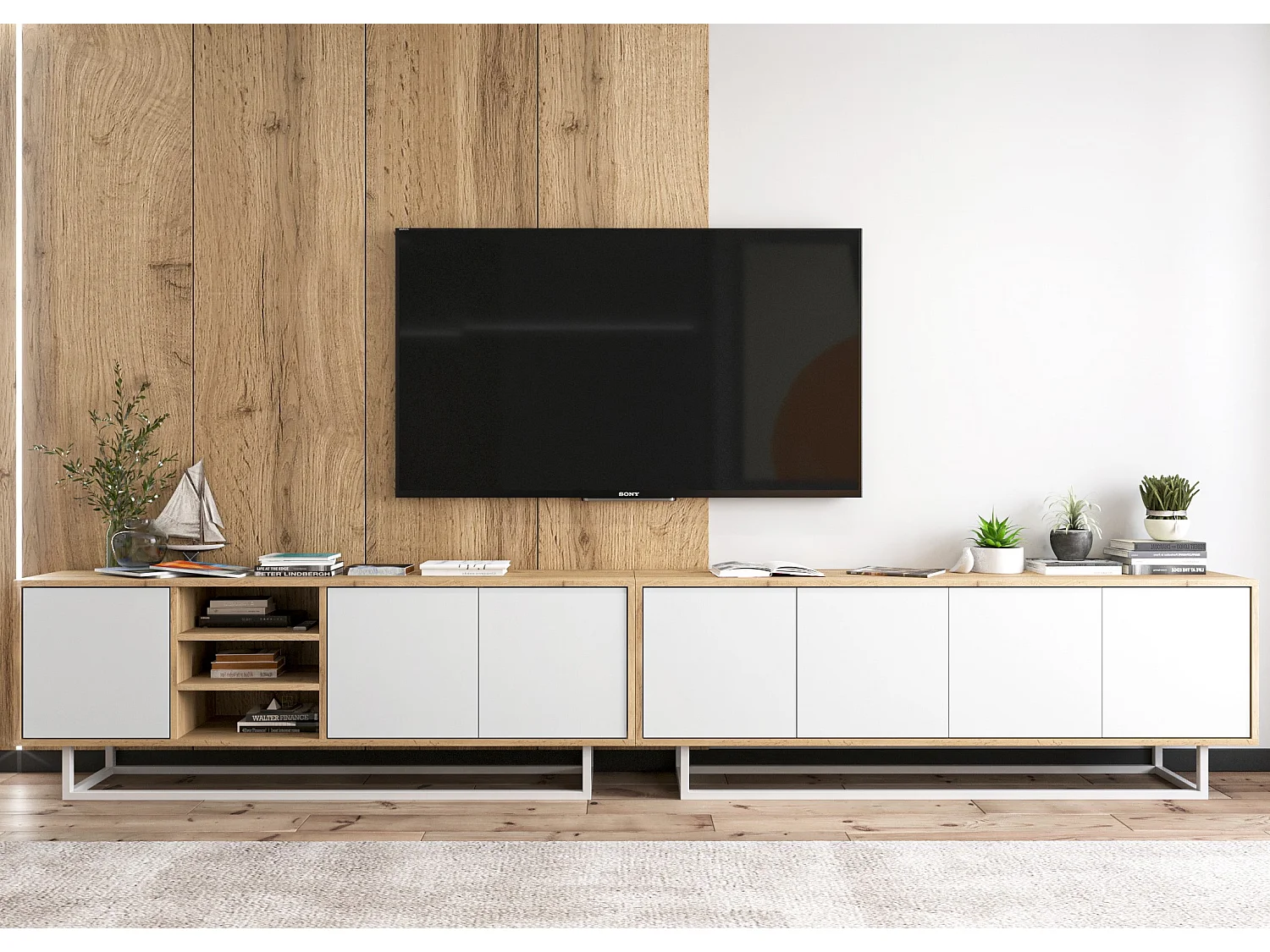 Meuble TV avec 7 portes et 1 niches - carcasse chêne wotan façades blanc mat - 300 cm, cadre métallique