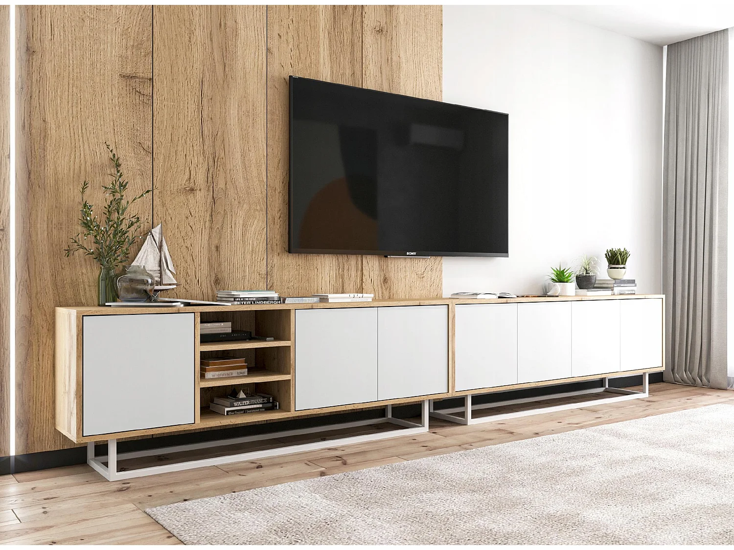 Meuble TV avec 7 portes et 1 niches - carcasse chêne wotan façades blanc mat - 300 cm, cadre métallique