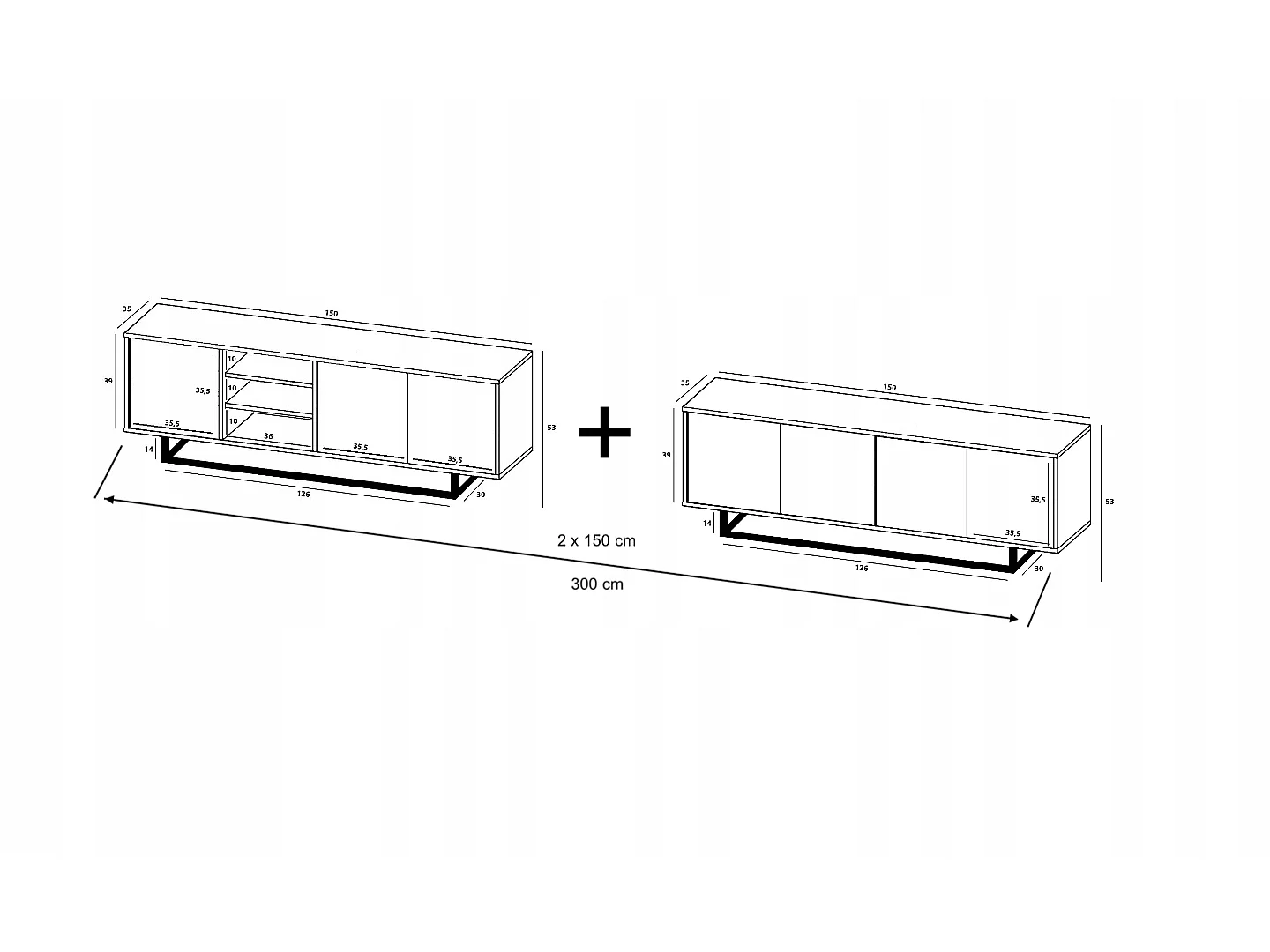 Meuble TV avec 7 portes et 1 niches - carcasse chêne wotan façades blanc mat - 300 cm, cadre métallique
