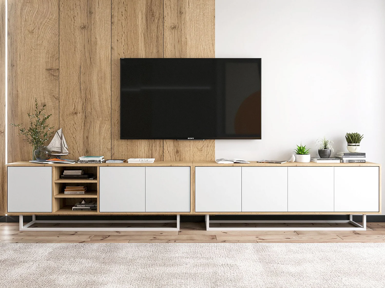 Meuble TV avec 7 portes et 1 niches - carcasse chêne wotan façades blanc mat - 300 cm, cadre métallique
