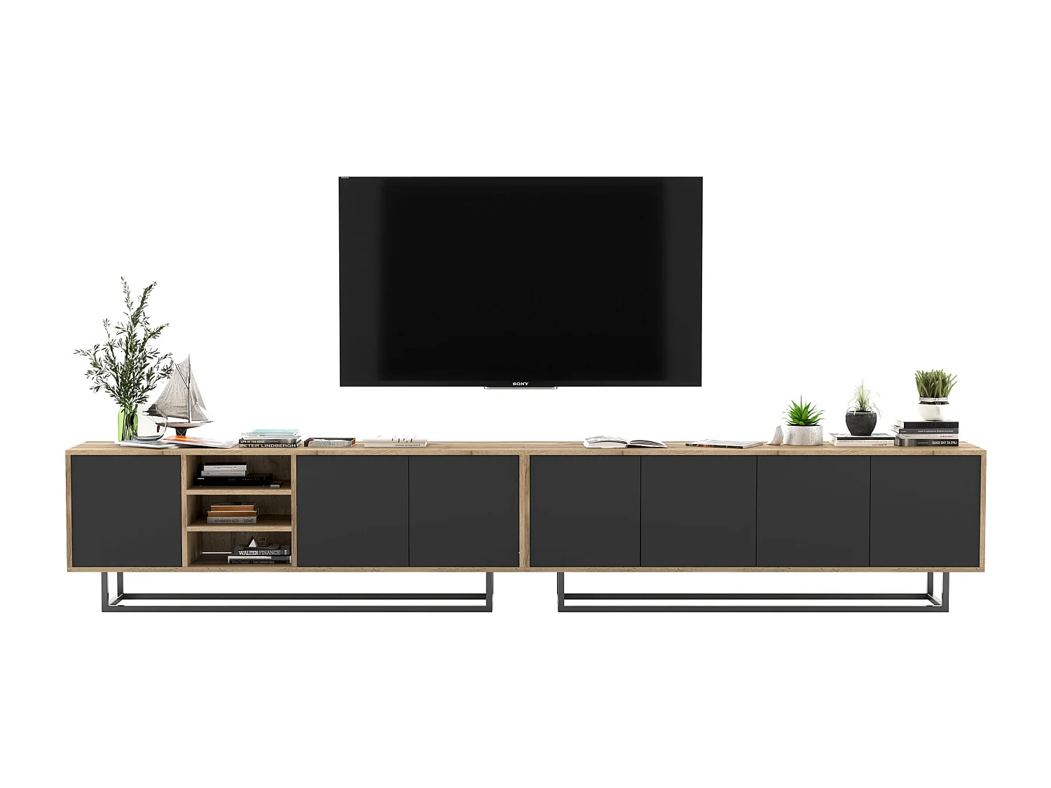 Meuble TV avec 7 portes et 1 niches - carcasse chêne wotan façades noir mat - 300 cm, cadre métallique