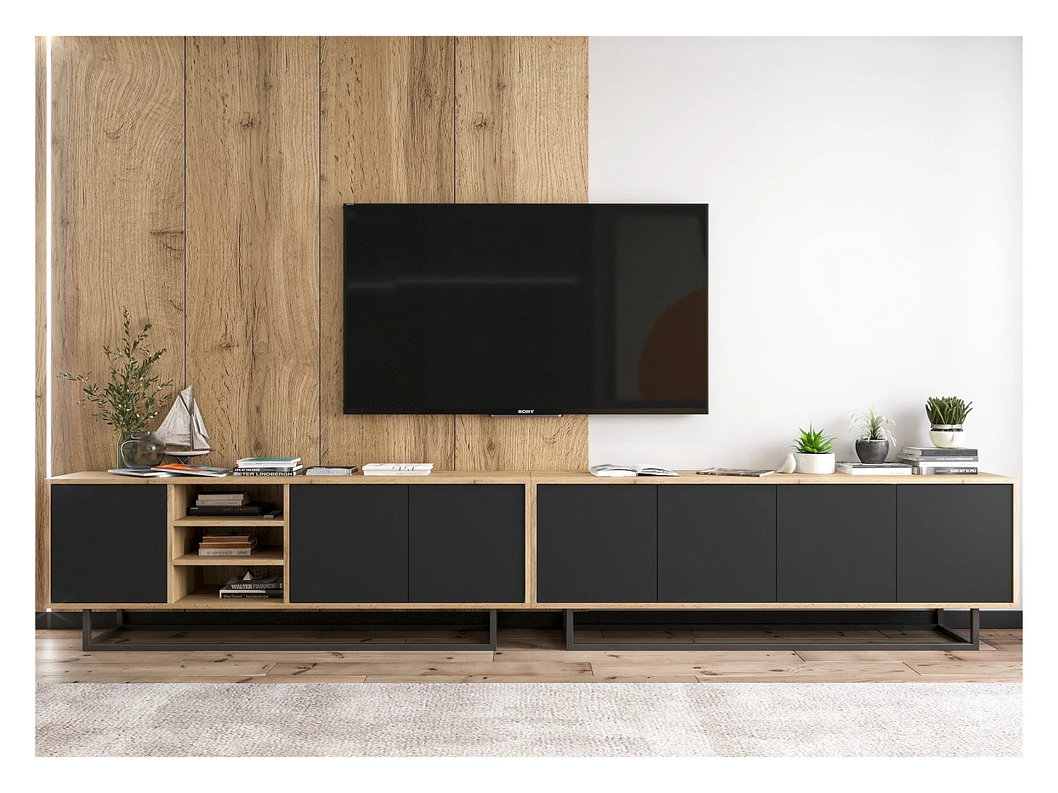 Meuble TV avec 7 portes et 1 niches - carcasse chêne wotan façades noir mat - 300 cm, cadre métallique
