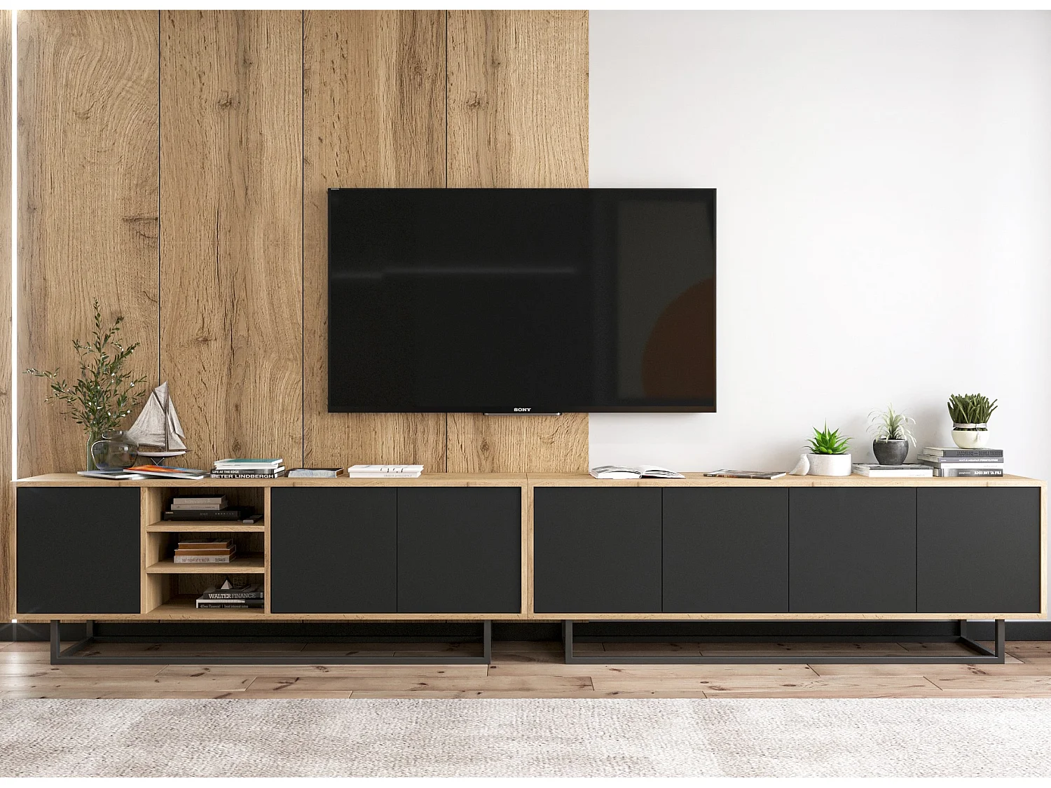 Meuble TV avec 7 portes et 1 niches - carcasse chêne wotan façades noir mat - 300 cm, cadre métallique