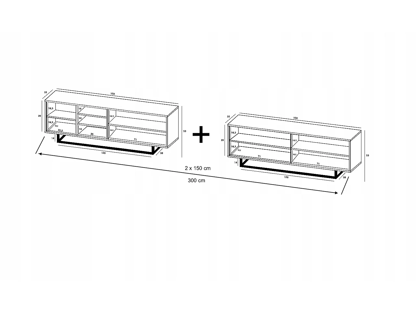 Meuble TV avec 7 portes et 1 niches - carcasse chêne wotan façades noir mat - 300 cm, cadre métallique