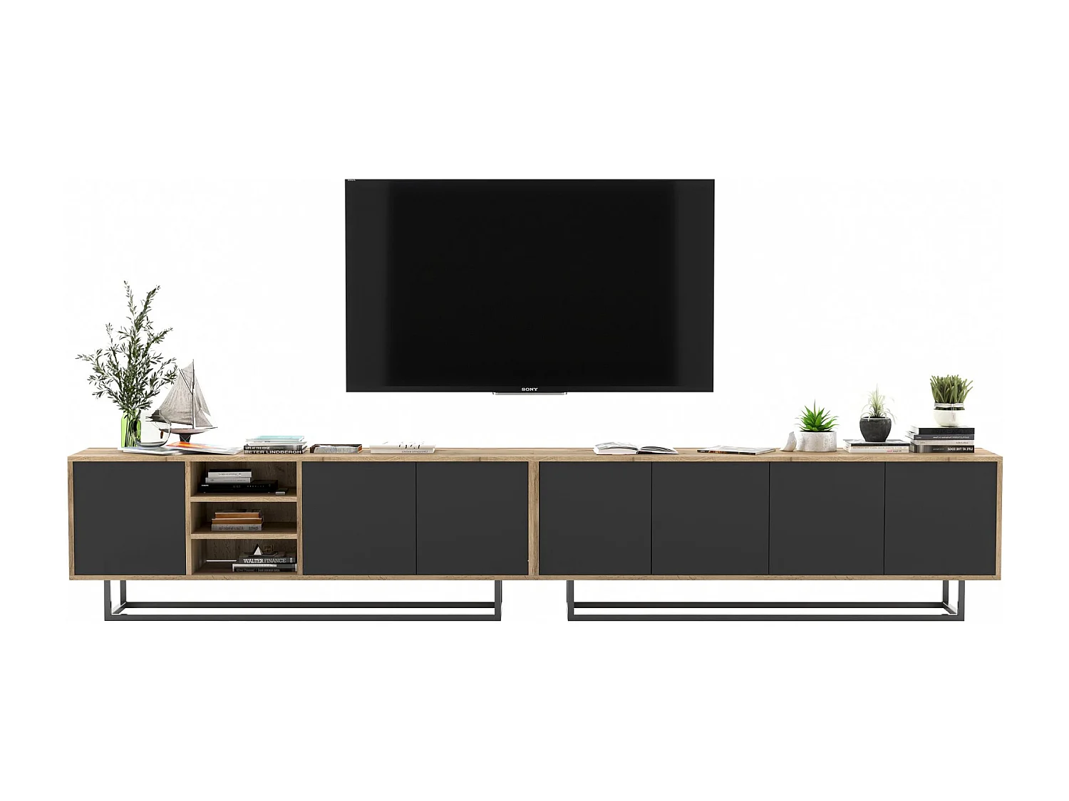 Meuble TV avec 7 portes et 1 niches - carcasse chêne wotan façades noir mat - 300 cm, cadre métallique