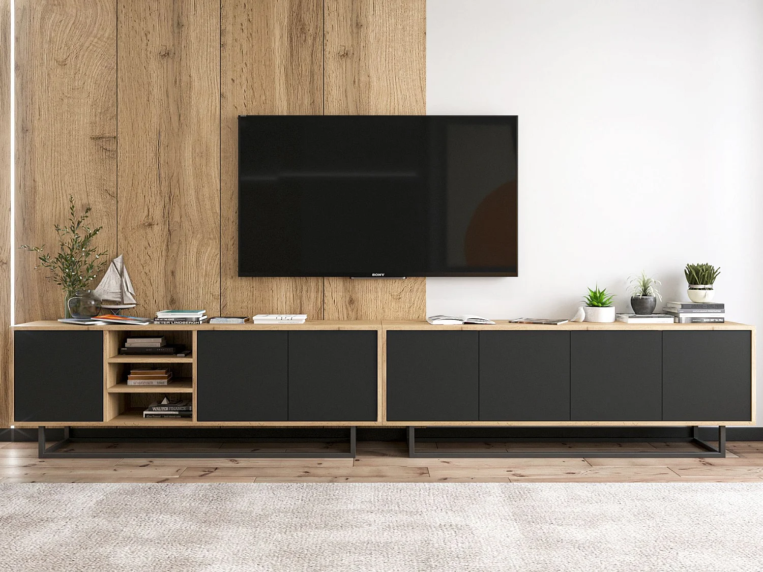 Meuble TV avec 7 portes et 1 niches - carcasse chêne wotan façades noir mat - 300 cm, cadre métallique