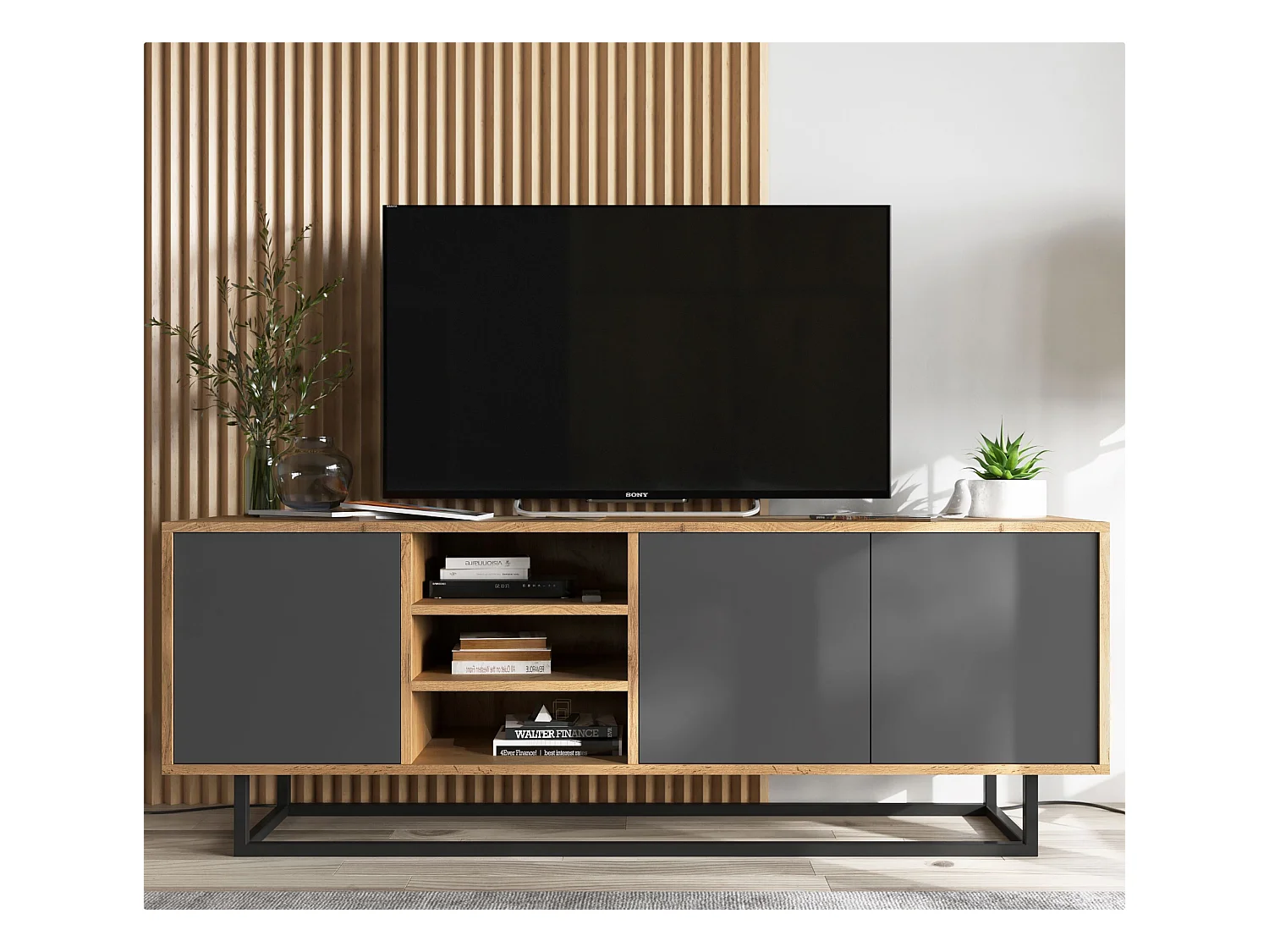 Meuble TV avec 3 portes et 1 niches - carcasse chêne wotan façades graphite mat - 150 cm, cadre métallique