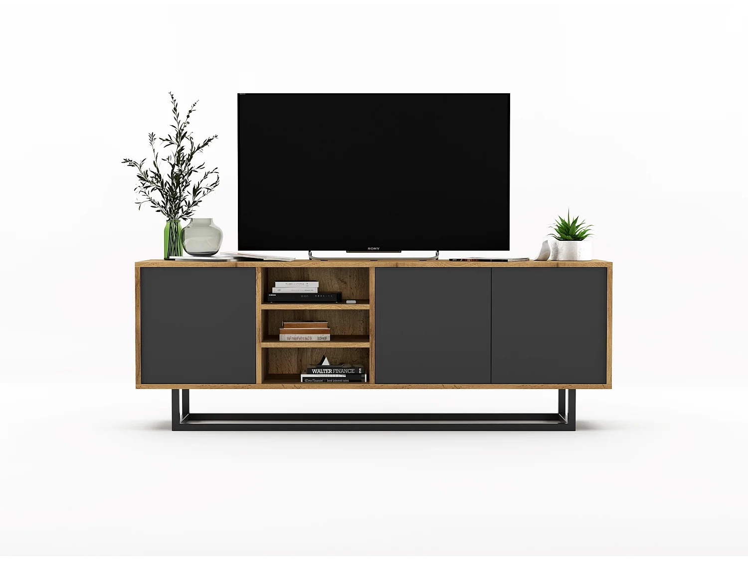 Meuble TV avec 3 portes et 1 niches - carcasse chêne wotan façades graphite mat - 150 cm, cadre métallique