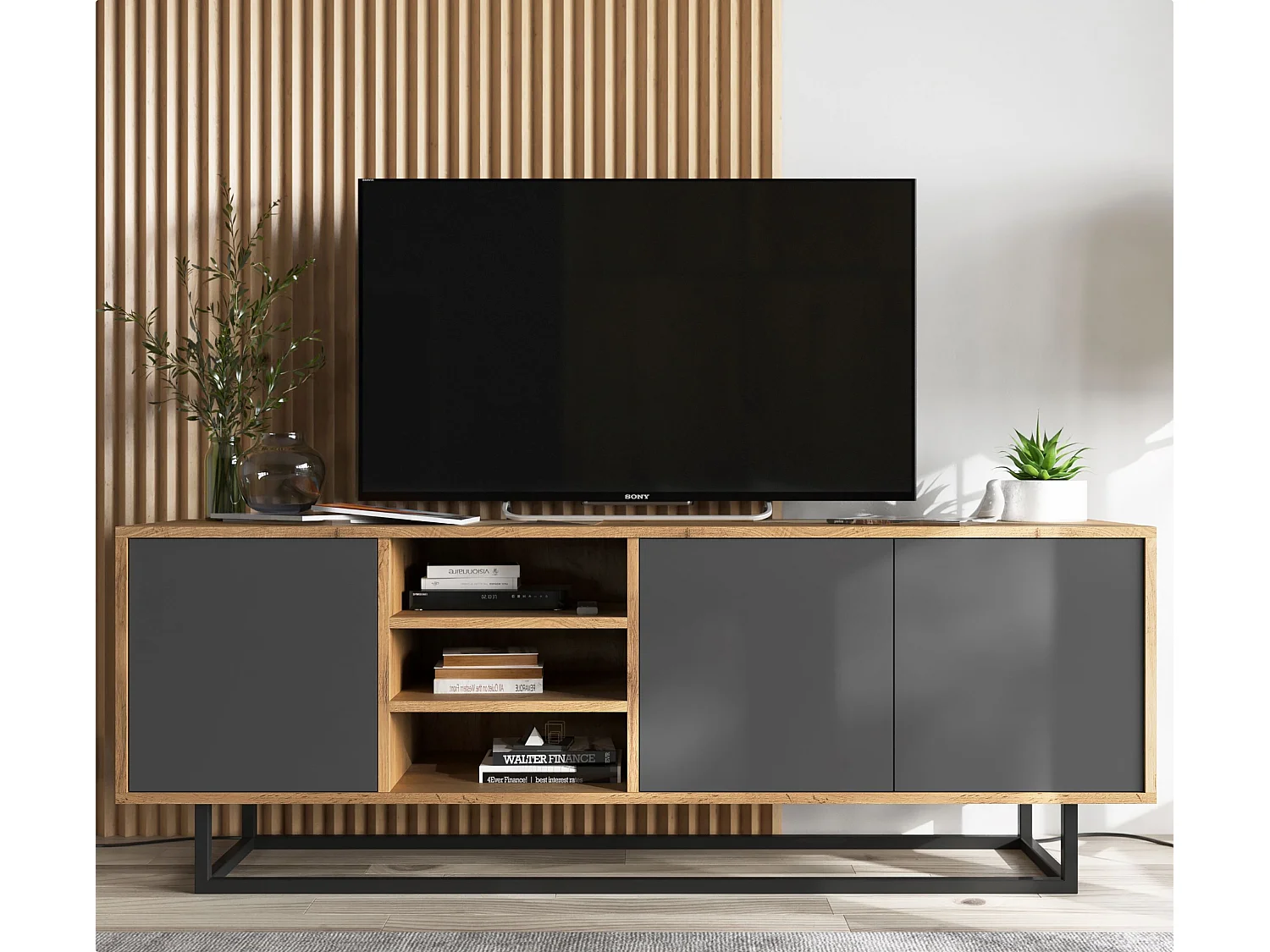 Meuble TV avec 3 portes et 1 niches - carcasse chêne wotan façades graphite mat - 150 cm, cadre métallique