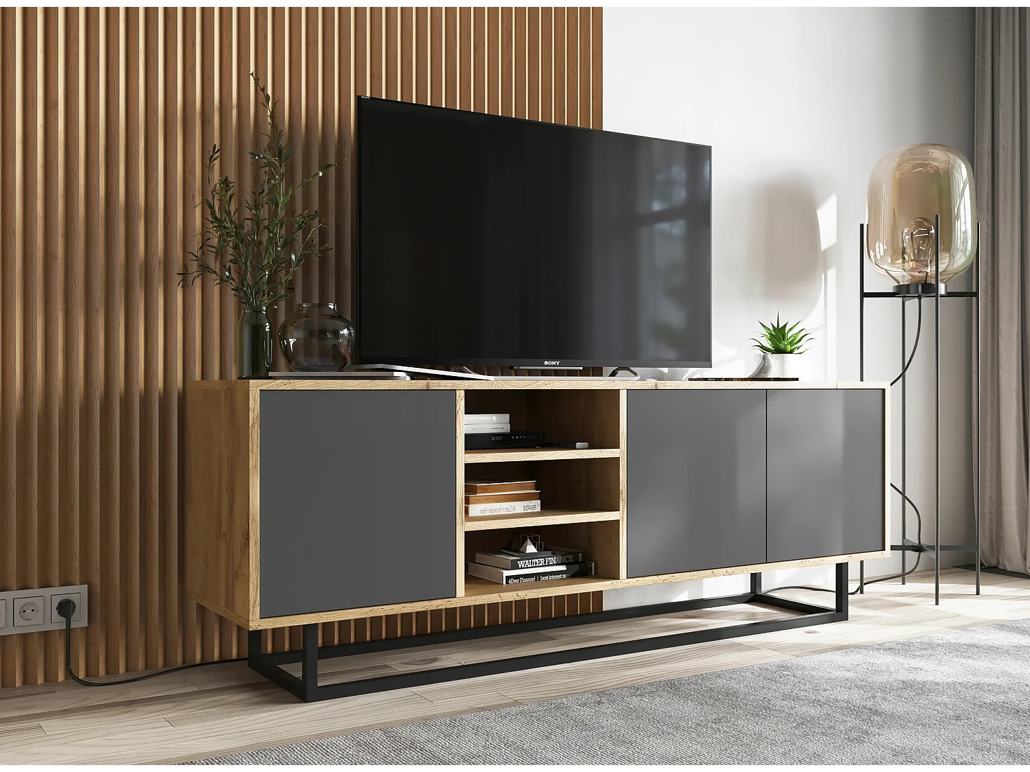 Meuble TV avec 3 portes et 1 niches - carcasse chêne wotan façades graphite mat - 150 cm, cadre métallique