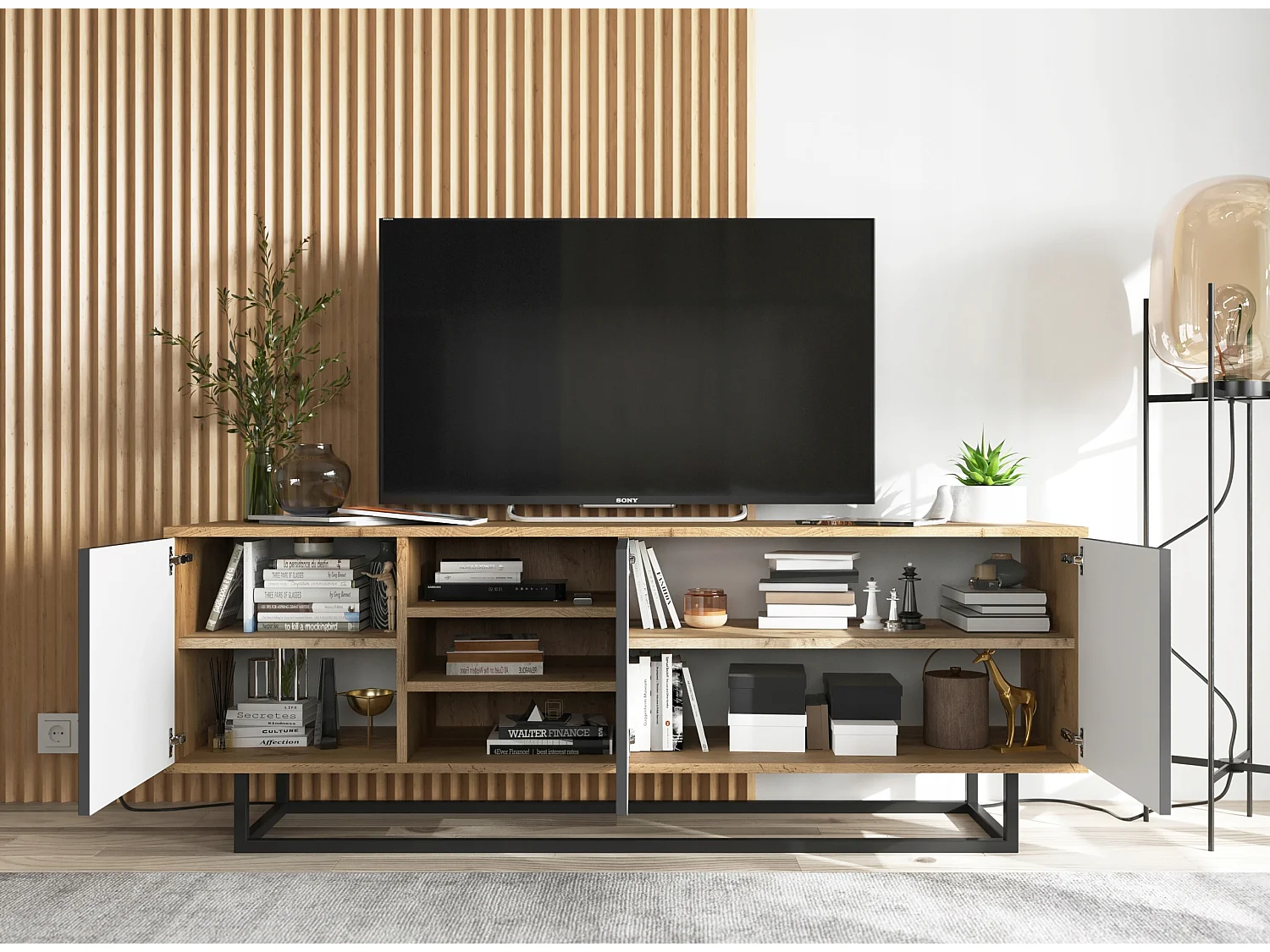 Meuble TV avec 3 portes et 1 niches - carcasse chêne wotan façades graphite mat - 150 cm, cadre métallique