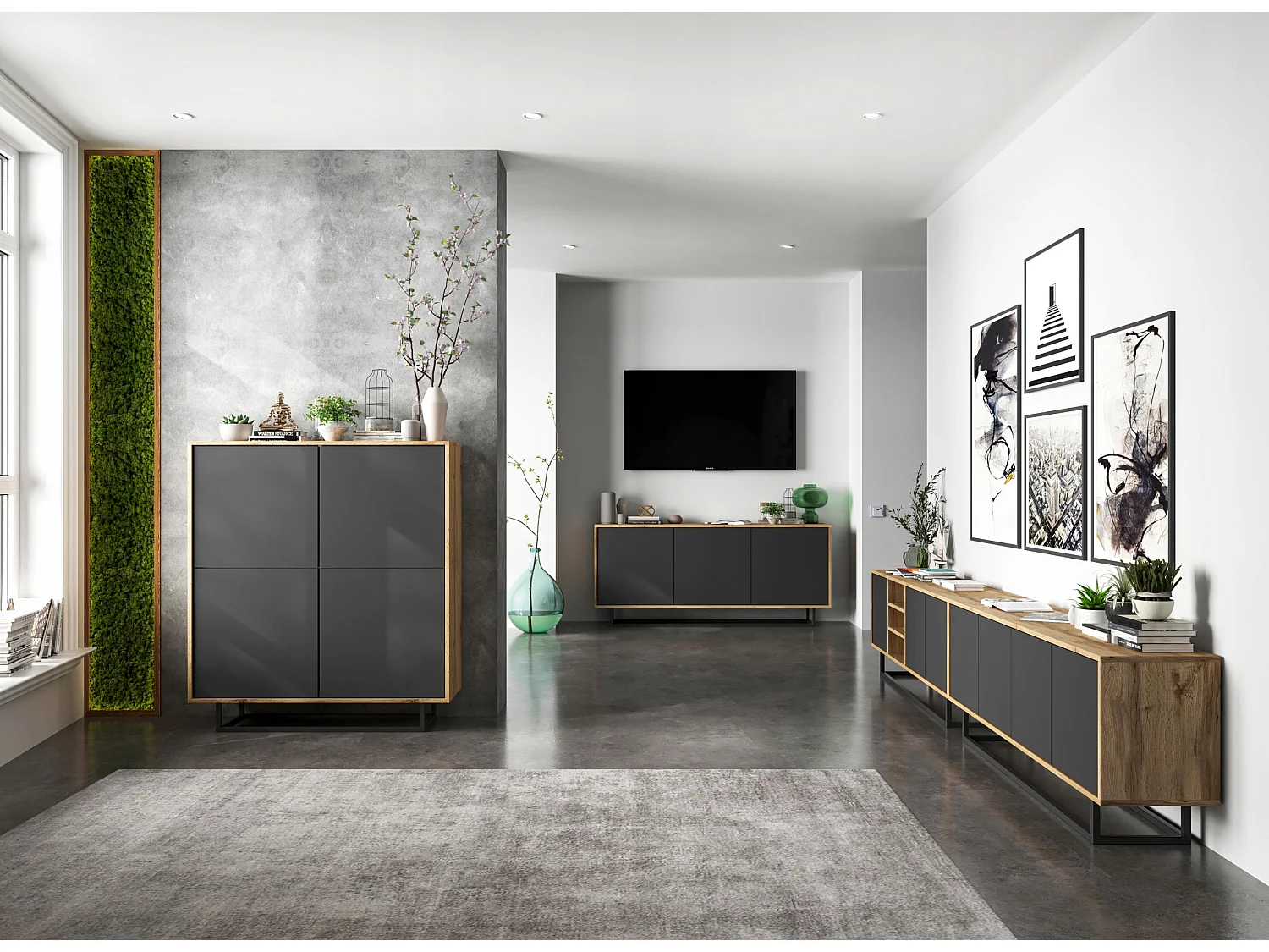 Meuble TV avec 3 portes et 1 niches - carcasse chêne wotan façades graphite mat - 150 cm, cadre métallique