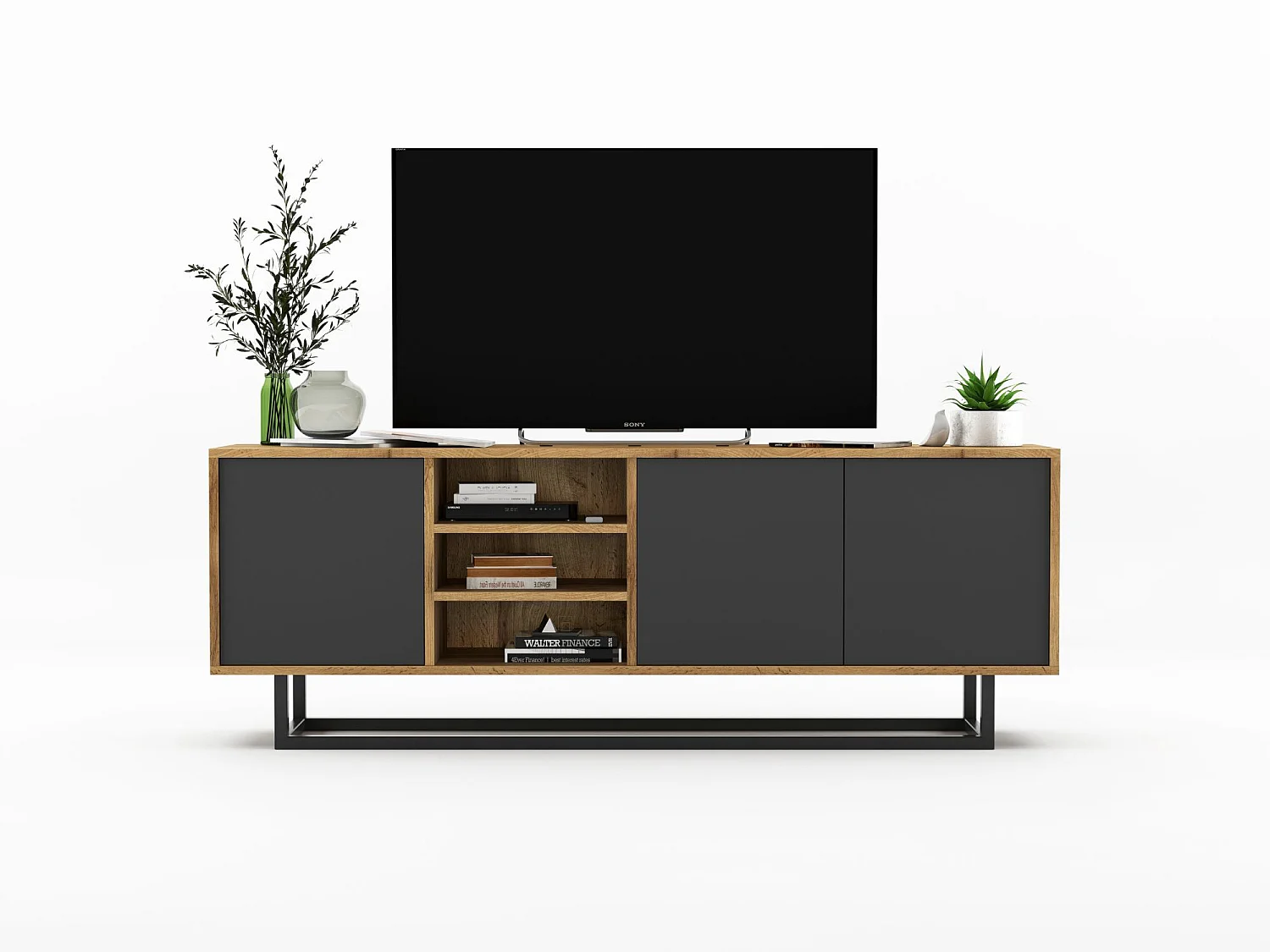Meuble TV avec 3 portes et 1 niches - carcasse chêne wotan façades graphite mat - 150 cm, cadre métallique