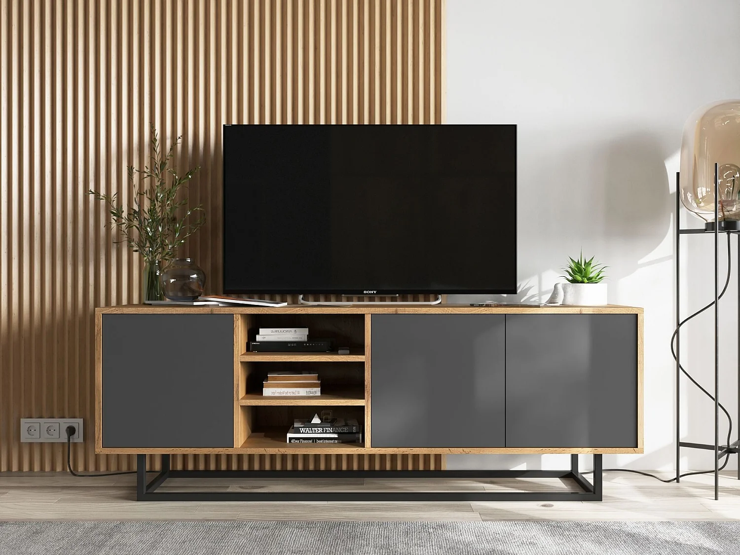 Meuble TV avec 3 portes et 1 niches - carcasse chêne wotan façades graphite mat - 150 cm, cadre métallique