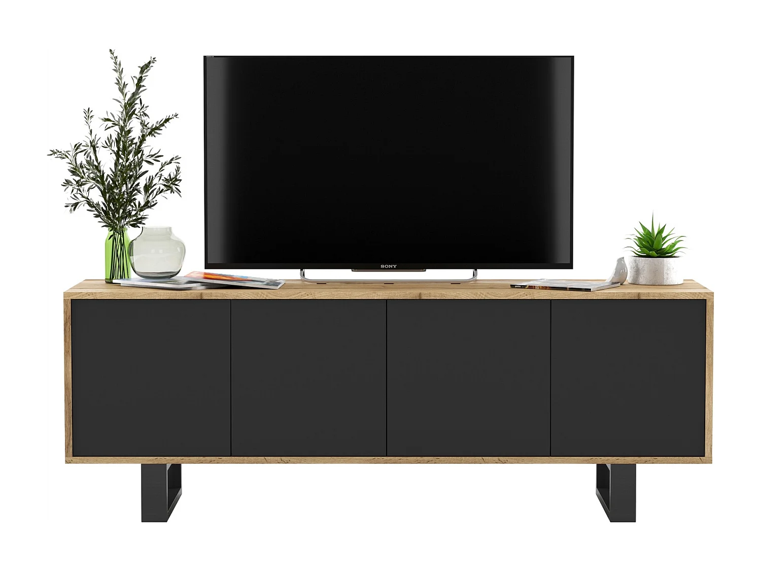 Meuble TV avec 4 portes - carcasse chêne wotan façades noir mat - 150 cm, pieds en métal