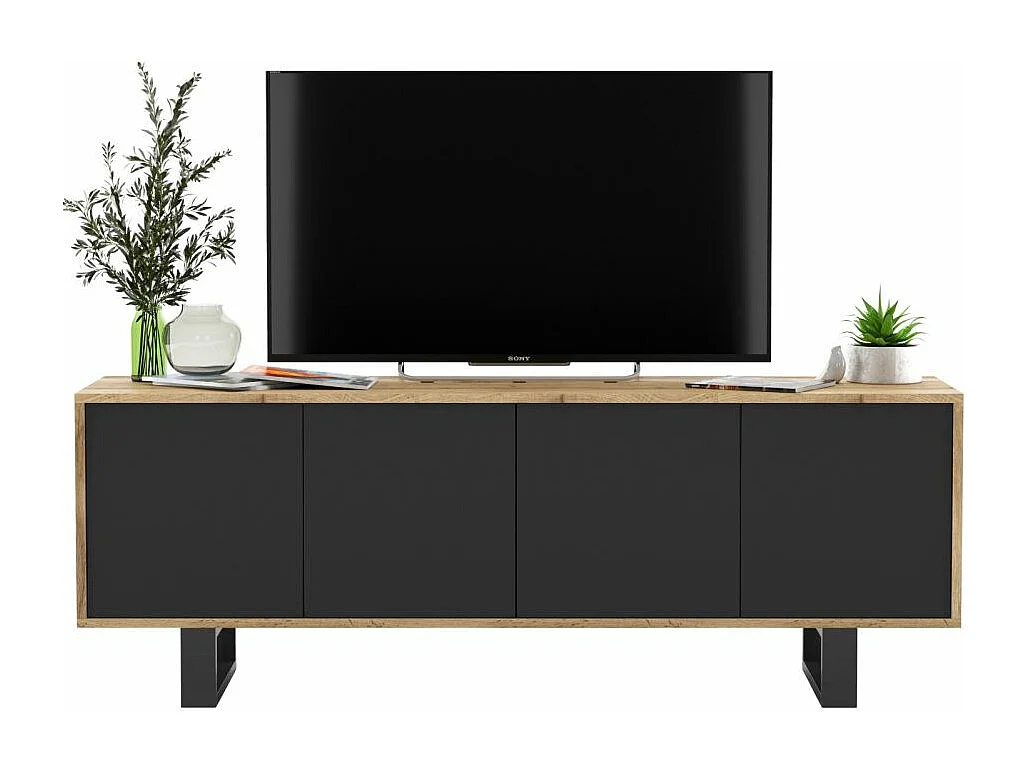 Meuble TV avec 4 portes - carcasse chêne wotan façades noir mat - 150 cm, pieds en métal
