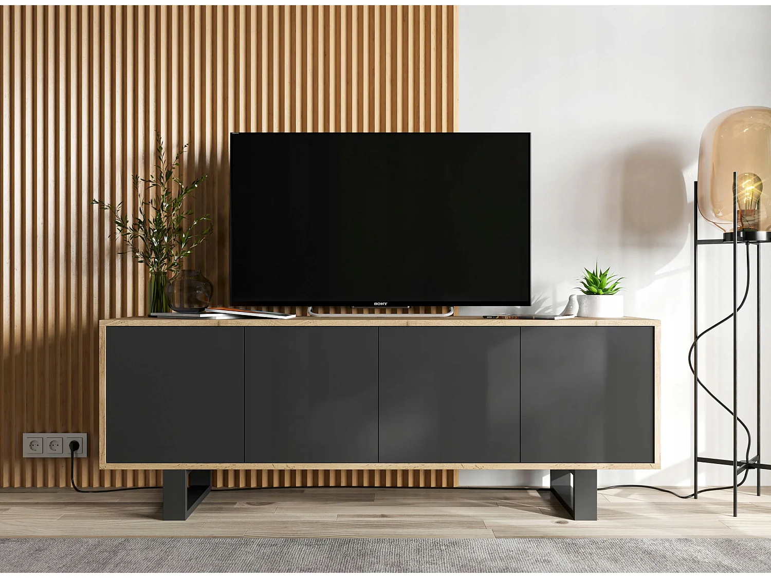 Meuble TV avec 4 portes - carcasse chêne wotan façades noir mat - 150 cm, pieds en métal