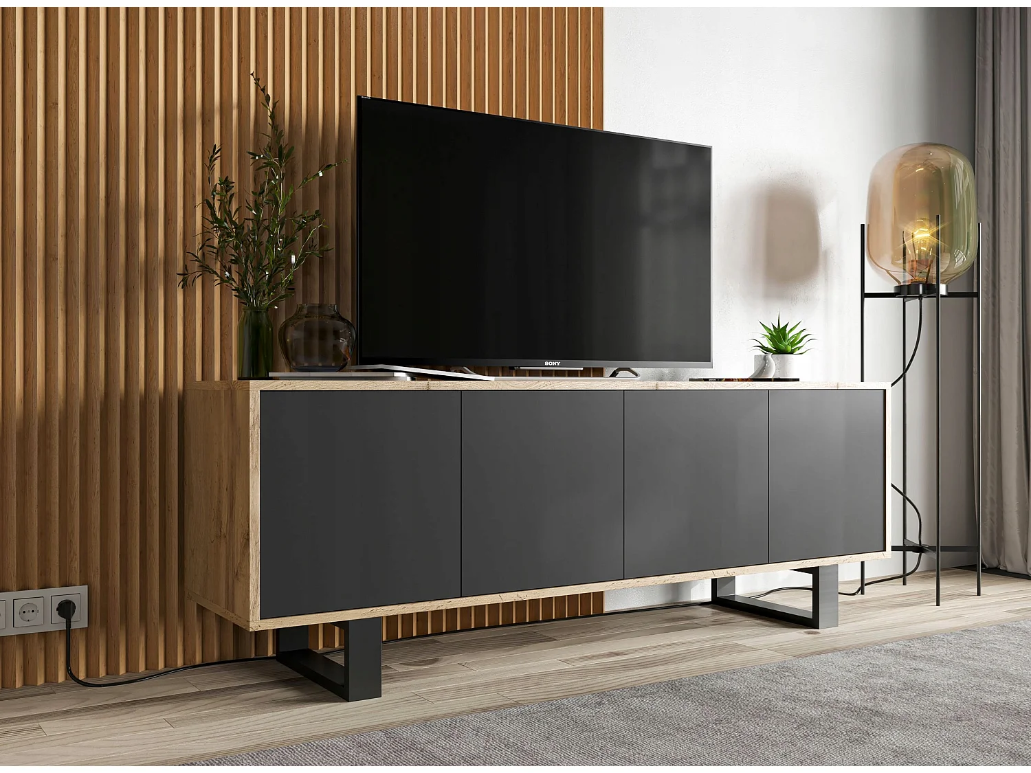 Meuble TV avec 4 portes - carcasse chêne wotan façades noir mat - 150 cm, pieds en métal