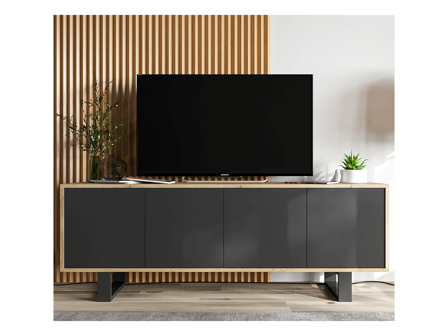 Meuble TV avec 4 portes - carcasse chêne wotan façades noir mat - 150 cm, pieds en métal