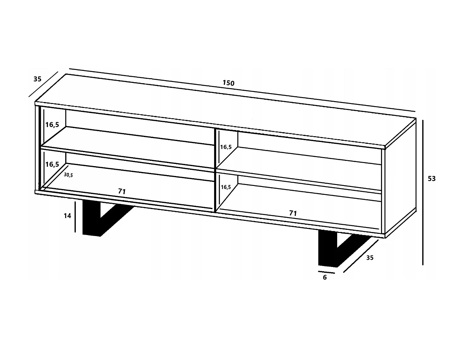 Meuble TV avec 4 portes - carcasse chêne wotan façades noir mat - 150 cm, pieds en métal