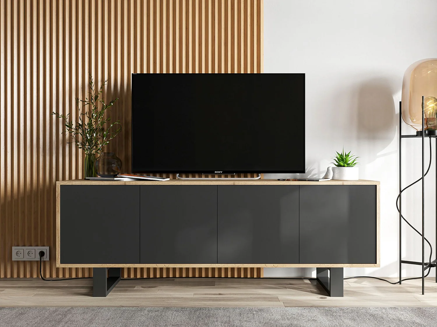 Meuble TV avec 4 portes - carcasse chêne wotan façades noir mat - 150 cm, pieds en métal