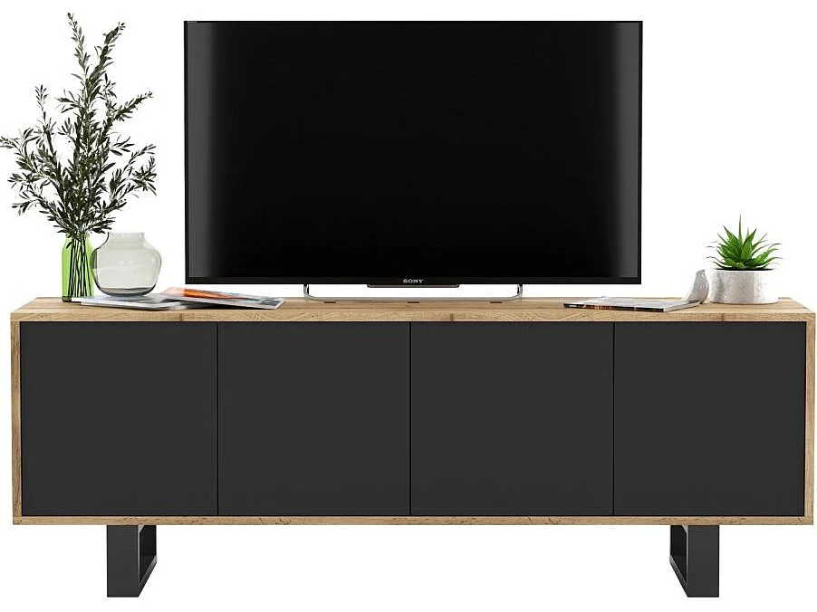 Meuble TV avec 4 portes - carcasse chêne wotan façades noir mat - 150 cm, pieds en métal