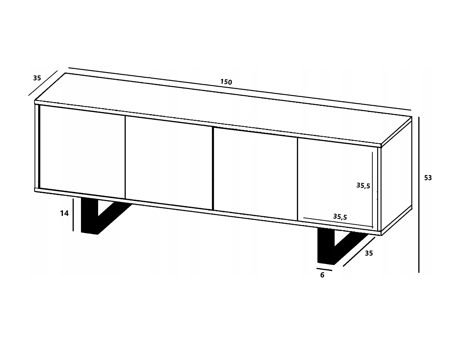Meuble TV avec 4 portes - carcasse chêne wotan façades noir mat - 150 cm, pieds en métal