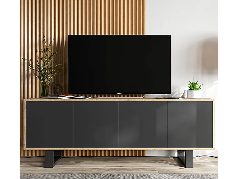 Meuble TV avec 4 portes - carcasse chêne wotan façades noir mat - 150 cm, pieds en métal