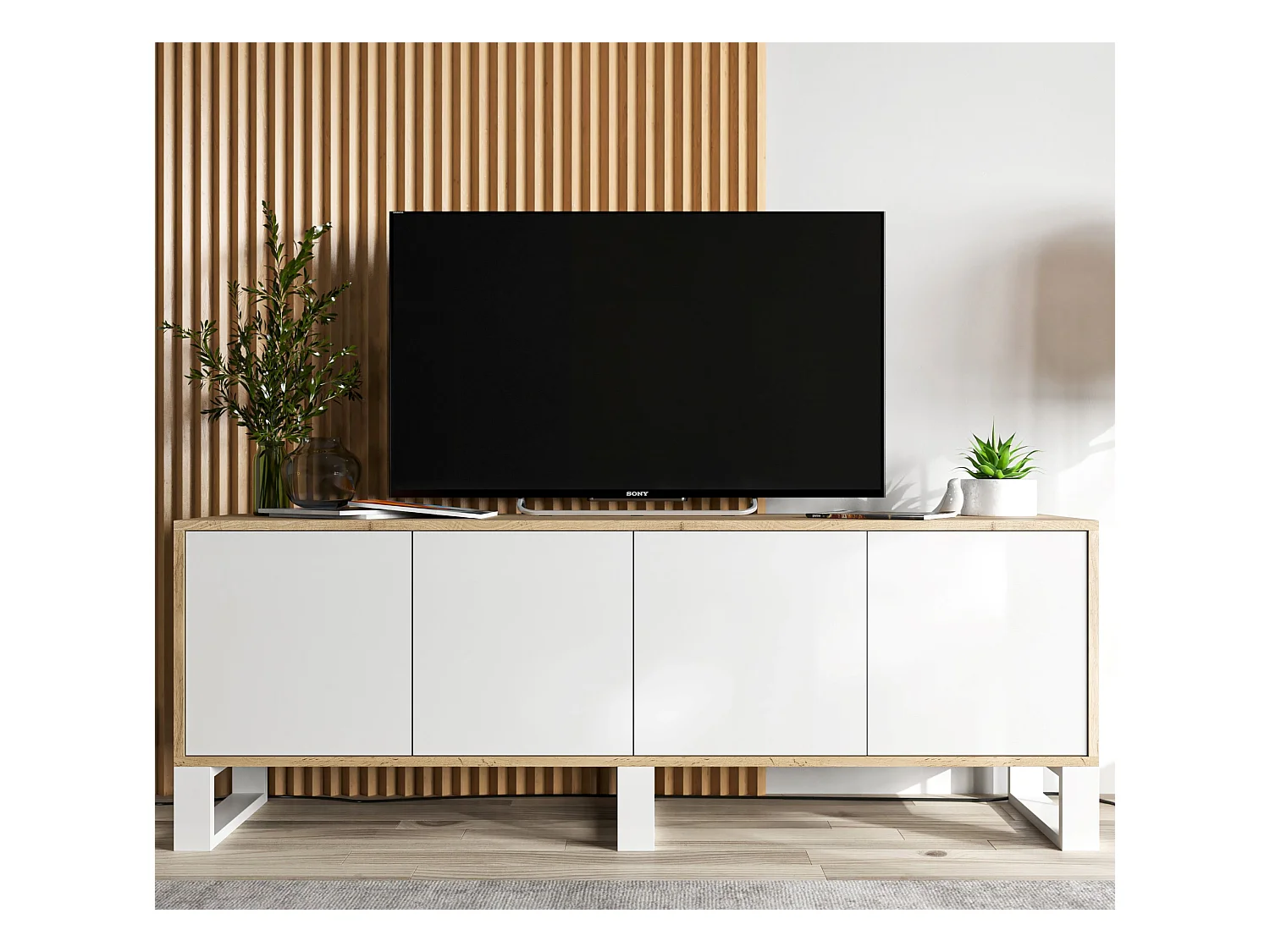 Meuble TV avec 4 portes - carcasse chêne wotan façades blanc mat - 150 cm, pieds en métal