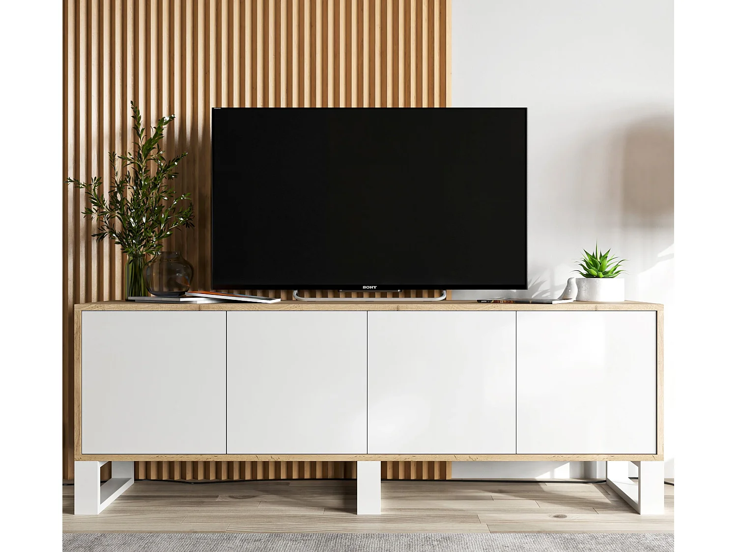 Meuble TV avec 4 portes - carcasse chêne wotan façades blanc mat - 150 cm, pieds en métal